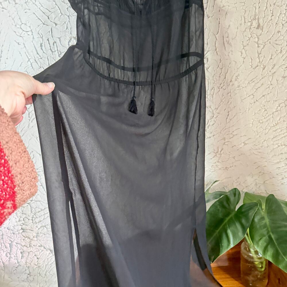 American Eagle Black Chiffon Boho Dress Sze Lrg Sheer Crochet Tassel Festival - Picture 5 of 10